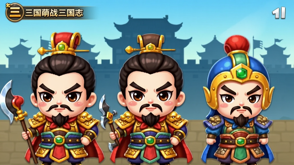 Q版三国萌战三国志游戏主界面,主体为Q萌风格的曹操刘备孙权三位武将并列站立,布局为横向排列居中,排版采用明快的游戏UI风格,风格为日系Q版卡通,细节包括武将的萌系表情、鲜艳的铠甲配色、背景为三国城池剪影,画质高清,干净,无多余元素