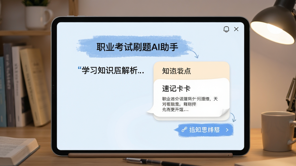 职业考试刷题 AI助手对话界面 知识点解析 速记卡片 浅色背景 学习氛围 清晰文字