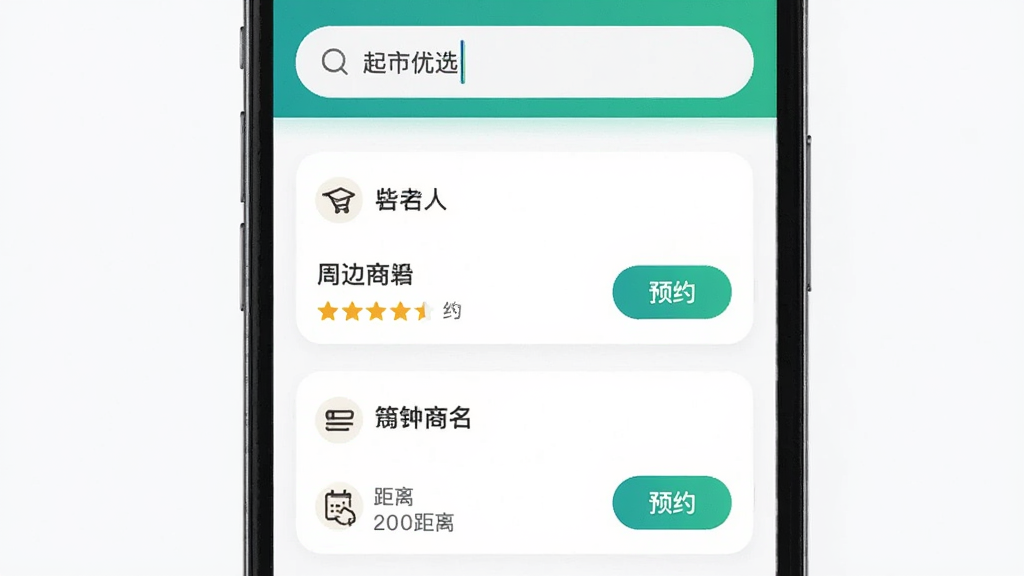 �ֻ���Ļ��ʾ������ѡӦ�ý��棬�Ϸ�����������������ƣ��·��б�չʾ�ܱ��̻���Ƭ���������������֡������ԤԼ��ť������Ϊ���½ṹ���Ű�����������ִ���Լ��ϸ����ͼ������ֱ�ǩ�������������ɾ����޶���Ԫ��