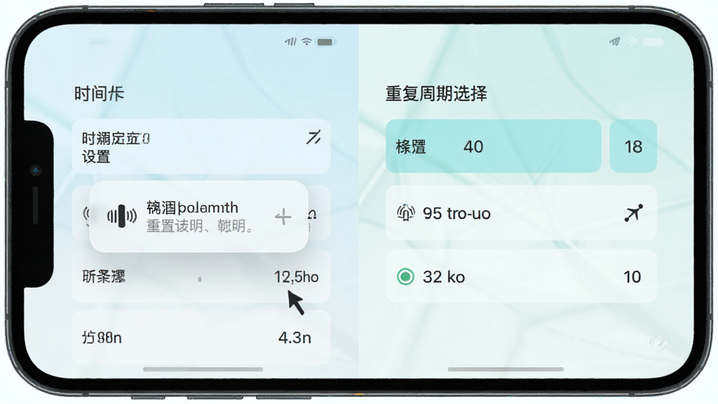 主体为手机界面,布局为左右分栏,排版左侧为时间设置,右侧为重复周期选择,风格为清新浅色,细节为悬浮窗提醒和震动图标,画质清晰,干净,无多余元素