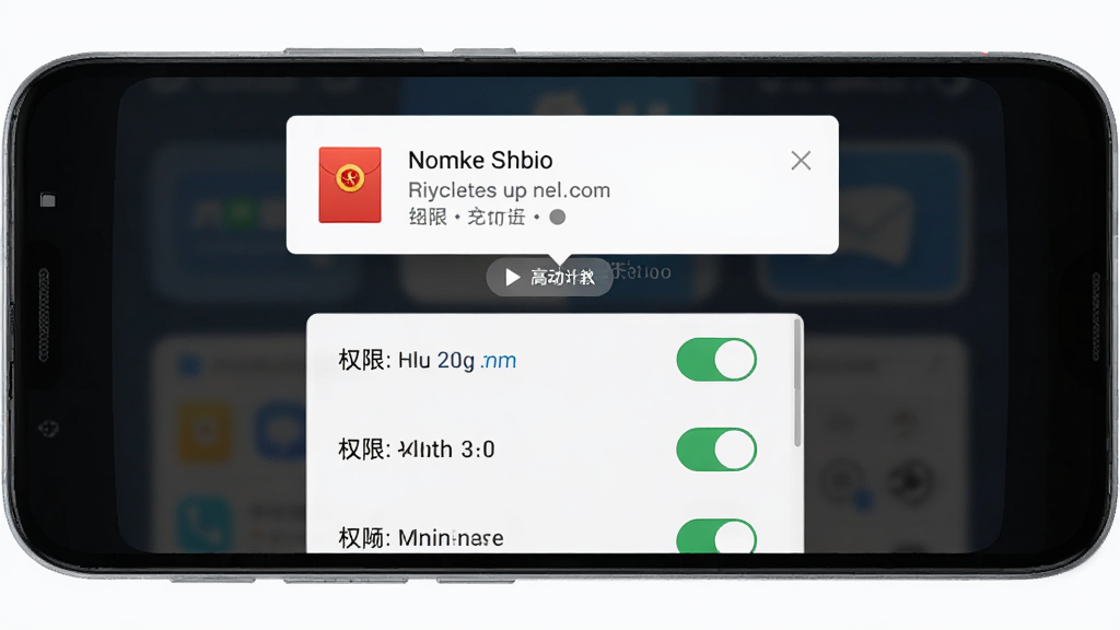 主体为一部安卓手机屏幕,布局为居中展示,排版为上方显示红包通知弹窗,下方为权限开关列表,风格为科技简约风,细节为红包图标和悬浮窗提示,画质高清,干净,无多余元素