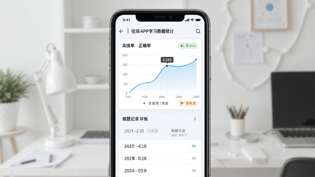 数字住培APP学习数据统计页面,手机屏幕显示正确率曲线图和做题记录,主体为手机居中,布局上下排列,排版整齐,风格现代简约,细节包含数据图表和日期标注,画质高清干净无多余元素