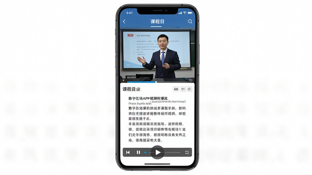 数字住培APP视频课程播放界面,手机屏幕显示讲师授课画面和讲义文字,主体为手机居中,布局上视频下讲义,排版清晰,风格专业教育,细节包含播放按钮和课程目录,画质高清干净无多余元素