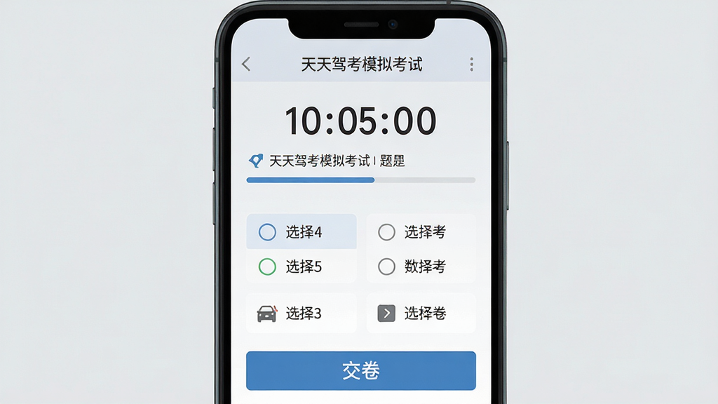 ����ݿ�ģ�⿼��ҳ�棬�ֻ���Ļ������ʾ���Լ�ʱ������Ŀ���ȣ��·���ѡ����ѡ��ͽ�����ť������Ϊǳ��ɫ����������ˬ��࣬��ƽ����ƣ��������ȣ�������Ԫ��