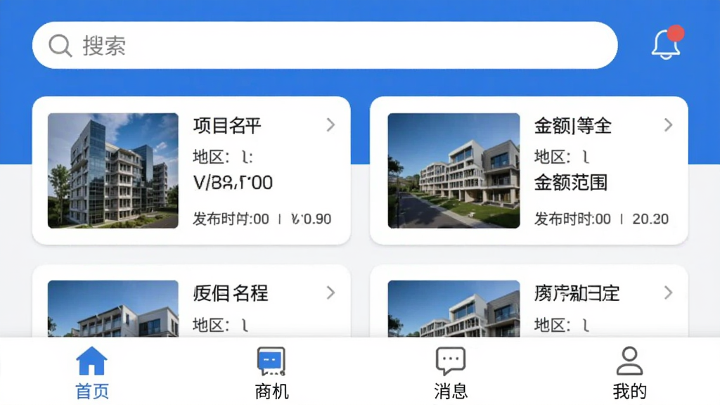 �����̻���Ӧ���������ͼ��������ʾ���������Ϣ֪ͨͼ�꣬�м��ǿ�Ƭʽ�̻���Ϣ����ÿ����Ƭ������Ŀ���ơ���������Χ�ͷ���ʱ�䣬�ײ�����ҳ���̻�����Ϣ���ҵ��ĸ�������ť�����������ɫ�Ͱ�ɫΪ��ɫ��������ɾ����࣬���������ɶ�