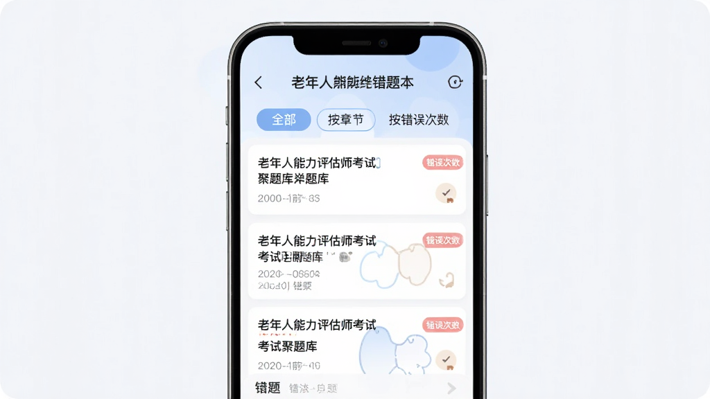 手机界面展示“老年人能力评估师考试聚题库”错题本页面,列表中显示多道错题及错误次数标记,顶部有“全部”“按章节”“按错误次数”筛选按钮,配色柔和,布局整齐,风格简约现代,画质清晰,干净无多余元素