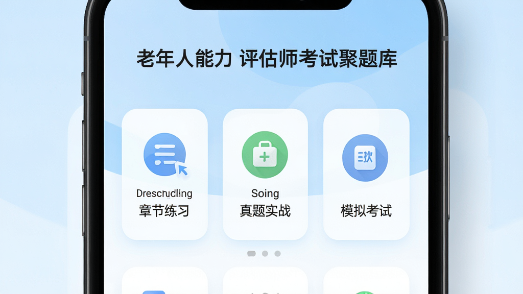 手机屏幕展示“老年人能力评估师考试聚题库”应用首页,页面布局清晰,顶部显示软件名称,中部有章节练习、真题实战、模拟考试等功能入口图标,背景为浅蓝色渐变,风格简洁清爽,细节精致,画质高清,干净无多余元素