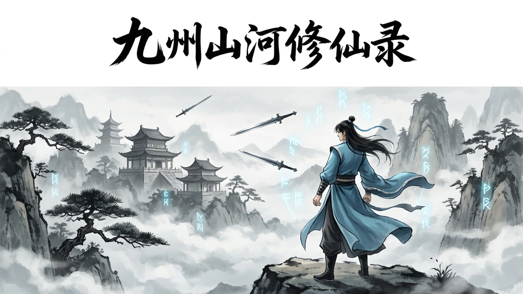 国风修真游戏场景,主体为一名身着青衫的修士站在云雾缭绕的山巅,远处有古建筑群与飞剑划过天空,布局采用远景山峦与近景人物结合,排版上方留白用于展示游戏名称“九州山河修仙录”,风格为水墨国风,细节包括飘动的衣袂、山间松树、隐约的符文光效,画质高清,干净,无多余元素