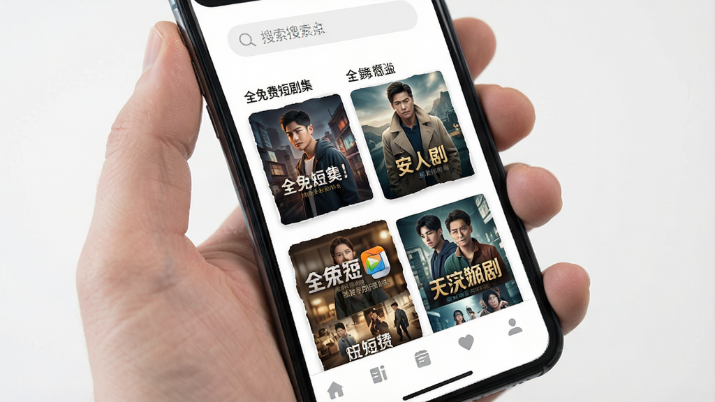 手机屏幕展示全免费短剧集APP的极简首页界面,顶部搜索栏,中部网格排列多部短剧封面图,底部导航栏,白色背景,扁平化设计风格,画面干净清晰,文字标注“全免费短剧集”,高质量UI展示图