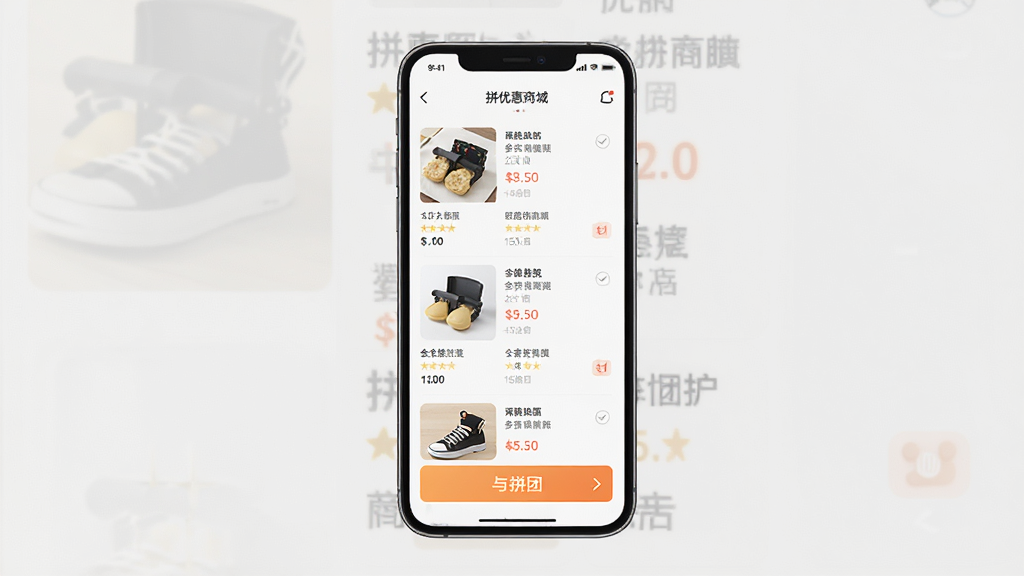ƴ�Ż��̳�Ӧ�ý���չʾ������Ϊ�ֻ���Ļ����Ʒ�б���ƴ����ڣ����־��У��Ű�����������Լ�ִ���ϸ�ڰ�����Ʒ����ͼ��۸��ǩ�����ʸ��壬�ɾ����޶���Ԫ��