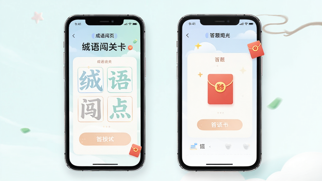 纵享时光应用界面展示,包含成语闯关关卡选择页和答题页,清新柔和色调,红包图标点缀,手机样机展示,干净简洁,高清画质