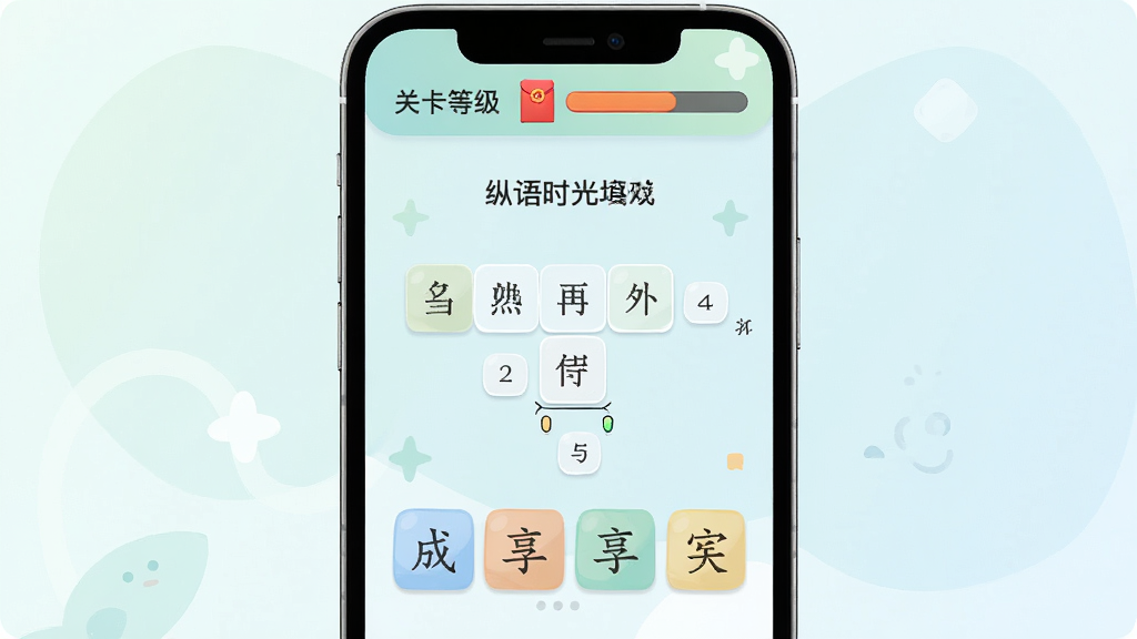 手机屏幕显示纵享时光成语填空游戏界面,清新柔和配色,中间是成语填空题目,下方有候选字块,顶部显示关卡等级和红包进度,背景简洁干净,扁平化UI风格,高清画质,无多余元素
