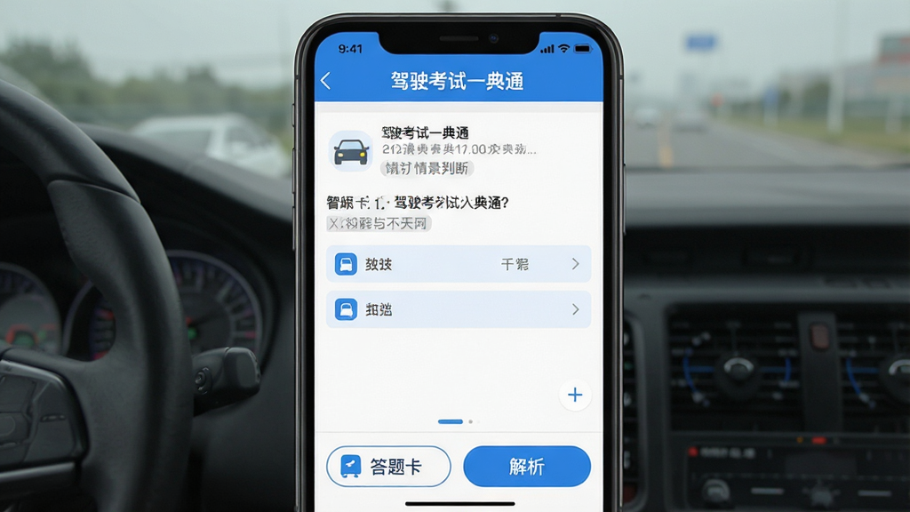 �ֻ���Ļչʾ��ʻ����һ��ͨAPP��Ŀ����ϰ���棬������ʾ�������ơ���ʻ����һ��ͨ�����м����龰�ж����ѡ��ײ��д��⿨�ͽ�����ť�����岼���������Ű��࣬���Ϊ�ִ���ƽ����ƣ�ϸ�ڰ�����ɫ��ɫ������ɫ��������Ŀ���������ɶ������ʸɾ��޶���Ԫ��