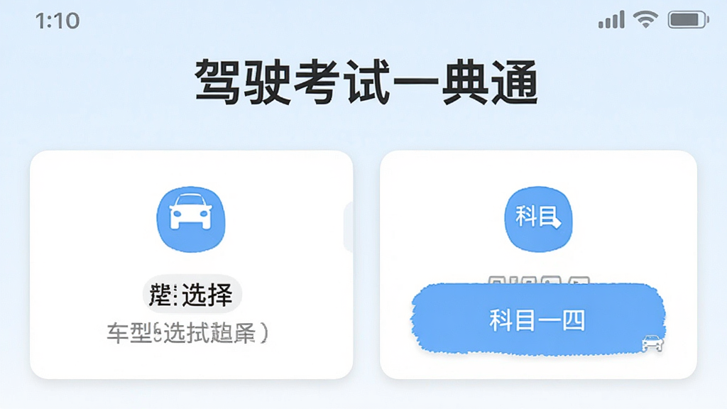 ��ʻ����һ��ͨAPP�������ͼ��չʾ����ѡ����ںͿ�Ŀһ����Ŀ�İ�ť�����涥���С���ʻ����һ��ͨ�����ֱ�ʶ������Ϊ���½ṹ���Ű����룬���Ϊ����ǳɫϵ��ϸ�ڰ�����ɫͼ�ꡢ��ɫ��Ƭ����ɫ����˵�������������ɾ�