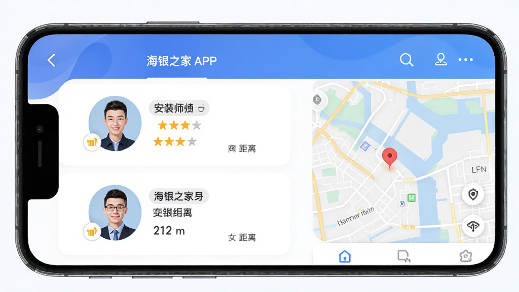 ����֮��APP�����ŷ���ҳ�棬����Ϊ�ֻ���Ļ��ʾ��װʦ���б��Ͷ�λ��ͼ������Ϊ���½ṹ���Ű������������������ϸ�ڰ���ʦ��ͷ�����֡�������Ϣ�����ʸɾ����޶���Ԫ��