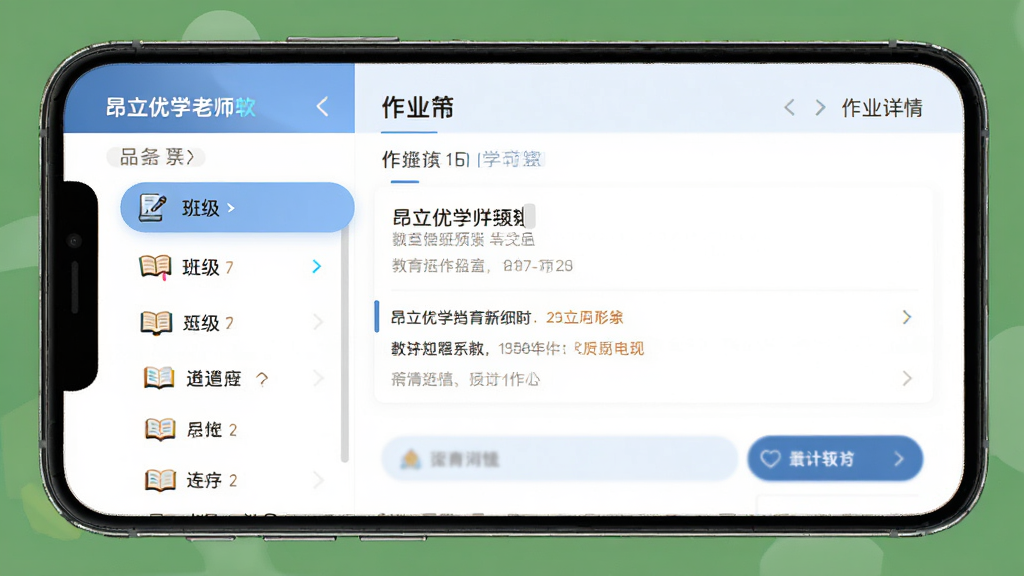 ������ѧ��ʦ�������棬����Ϊ�ֻ���Ļչʾ��ҵ����ҳ�棬�������Ϊ�༶�б��Ҳ�Ϊ��ҵ���飬�Ű�������������ִ�������Ӧ�ã�ϸ�ڰ���ͼ�갴ť�����ֱ�ǩ�����ʸ���ɾ��޶���Ԫ��