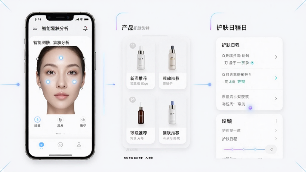 肌秘星球APP界面展示,手机屏幕中呈现智能测肤分析图、产品推荐卡片和护肤日程表,整体布局简洁,风格高端科技感,画质清晰,干净无多余元素