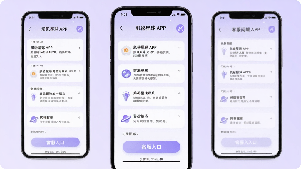 肌秘星球APP常见问题解答页面,手机屏幕显示问答列表和客服入口,背景为浅紫色渐变,风格简洁清新,画质清晰,干净无多余元素