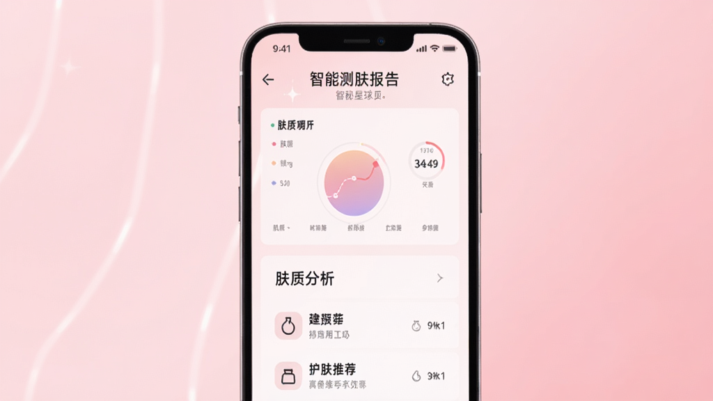 肌秘星球APP智能测肤报告页面展示,手机屏幕显示肤质分析图表和护肤推荐列表,背景为柔和粉色渐变,风格清新科技感,画质清晰,干净无多余元素
