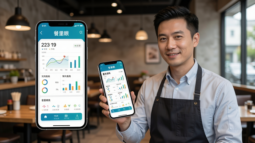 餐里眼App用户场景图,主体为餐饮老板在店内用手机查看数据,布局为人物半身加手机屏幕特写,排版自然,风格为真实商务摄影风,细节包含餐厅背景和手机上的“餐里眼”界面,画质高清,干净,无多余元素