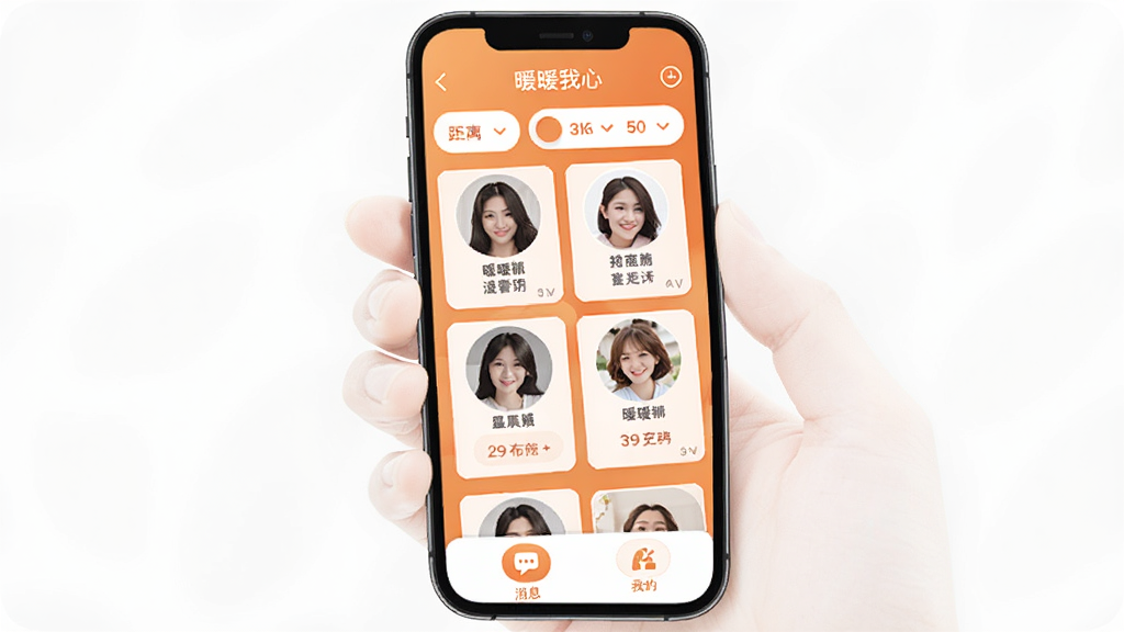 �ֻ���Ļ��ʾůů����Appͬ�ǽ��ѽ��棬�Ϸ��о���ɸѡ�����м����û�ͷ��Ƭ�б����ײ�����Ϣ���ҵİ�ť������Ϊů��ɫ���䣬�����ܰ��࣬�ɾ��޶���Ԫ�أ����廭��