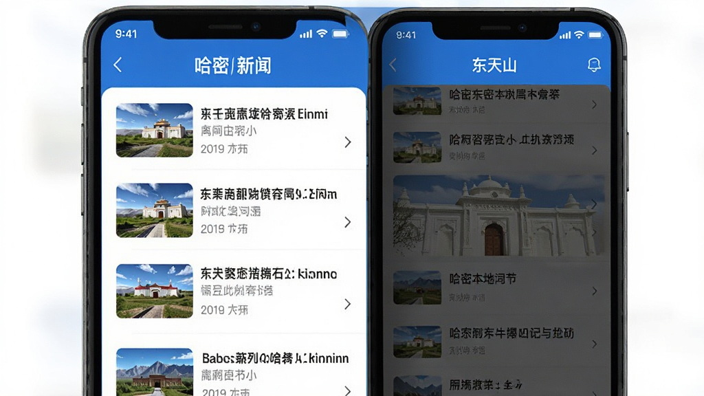 东天山APP界面展示,手机屏幕中显示哈密本地新闻列表,蓝色主色调,布局清晰,排版整洁,风格现代简约,细节丰富,画质高清,干净无多余元素
