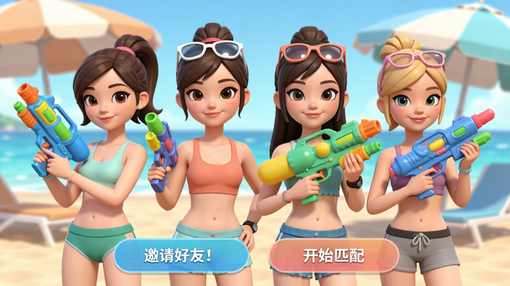 С�����ˮǹ��ӽ��棬��λ��ͨŮ�Խ�ɫ����վ���ֲֳ�ͬ��ʽˮǹ������Ϊ���պ�̲������ɡ�������·�����������뿪ʼƥ�䰴ť�����������»��ã�ɫ����ͣ��Ű���У����廭�ʣ�����������