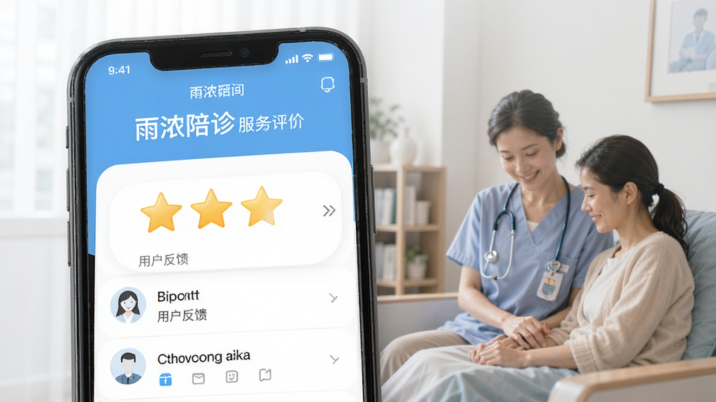 雨浓陪诊 服务评价页面 星级评分 用户反馈 手机UI设计 清新风格 高清画质