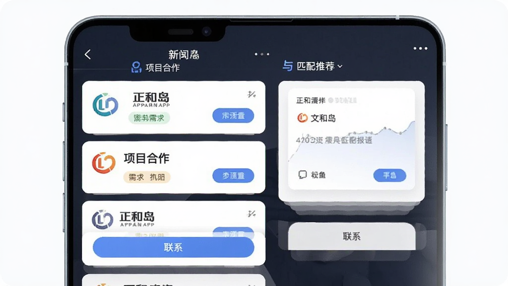 正和岛APP商业对接界面,主体为手机屏幕显示项目合作列表与匹配推荐,布局为左右分栏加卡片式信息展示,排版清晰有序,风格现代商务,细节包含企业logo、需求标签与联系按钮,画质高清,干净,无多余元素