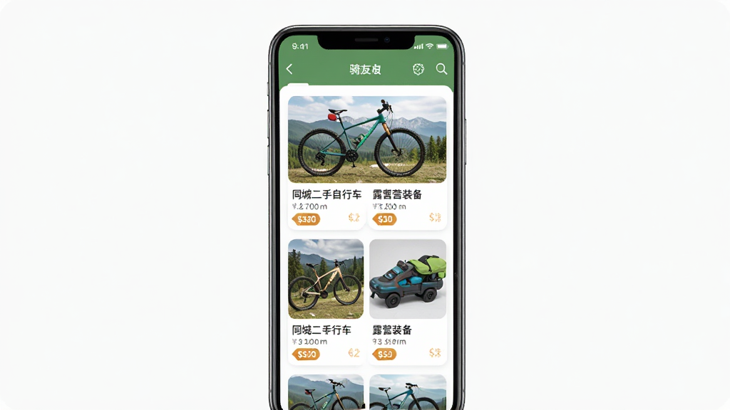 骑友App界面展示,手机屏幕中显示同城二手自行车和露营装备列表,主体为一部智能手机,布局居中,排版简洁,风格清新户外风,细节包含商品图片和价格标签,画质清晰,干净,无多余元素