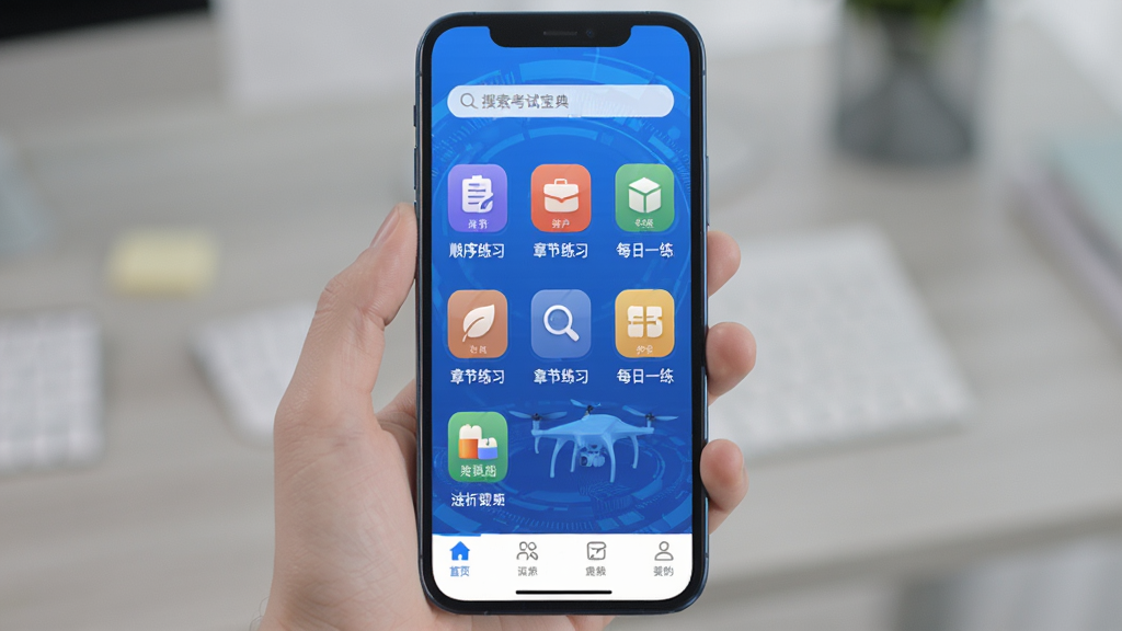 �ֻ���Ļ��ʾ���˻����Ա���APP��ҳ����ɫ�Ƽ��н��棬�������������м�����˳����ϰ���½���ϰ��ÿ��һ���Ȳ�ɫ����ͼ�꣬�ײ����������ɾ���࣬�޶���Ԫ�أ����廭��