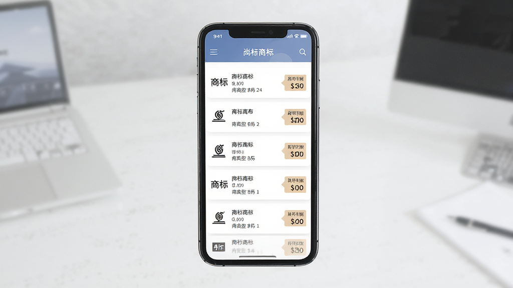 尚标商标服务平台应用主界面展示,主体为手机屏幕,布局居中,排版清晰,风格简约商务,细节包含商标列表与价格标签,画质清晰,干净,无多余元素
