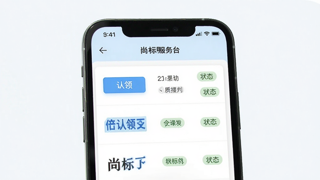尚标商标服务平台商标管理页面,主体为手机屏幕显示商标列表,布局为上下结构,排版整齐,风格清新浅色,细节包含认领按钮与状态标签,画质清晰,干净,无多余元素