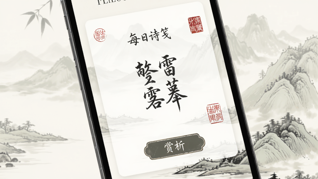 手机屏幕展示国风诗词卡片界面,中央是每日诗笺推荐诗句,下方有赏析按钮,背景为淡雅水墨山水,布局简洁,排版清新,风格为国风雅致,细节有毛笔字迹和印章元素,画质清晰,干净无多余元素