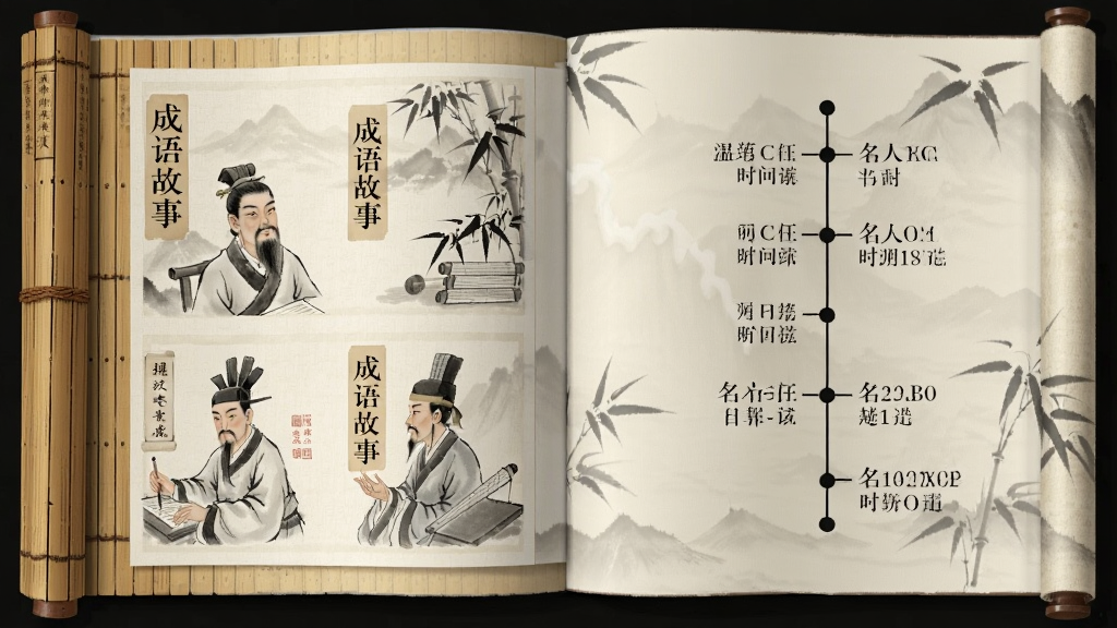 国风书籍翻页动画效果,左侧是成语故事插图,右侧是名人生平时间轴,整体布局对称,排版疏朗,风格为古典水墨,细节有竹简和卷轴纹理,画质细腻,干净无多余元素