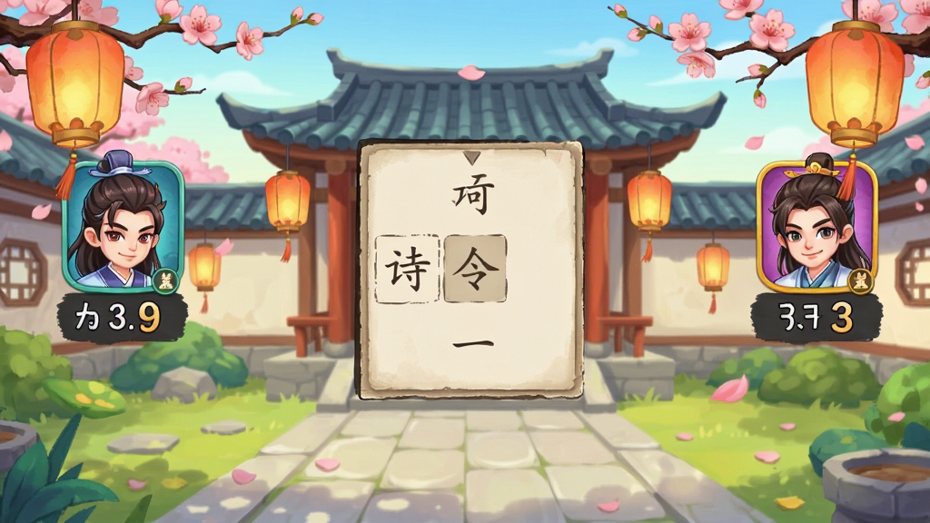 手机游戏界面展示飞花令对战场景,中央有诗词填空格子,两侧是玩家头像和得分,背景为古风庭院,布局紧凑,排版活泼,风格为国风卡通,细节有灯笼和桃花装饰,画质明快,干净无多余元素