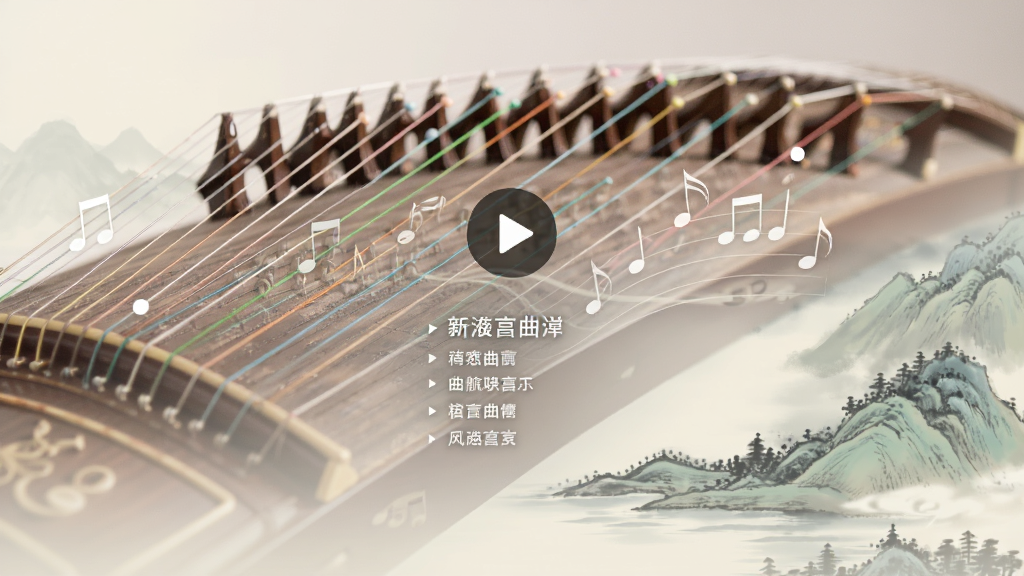 古筝乐器特写与山水背景融合,中央有播放按钮和曲目列表,布局居中,排版简约,风格为古典雅致,细节有琴弦和音符飘动,画质柔和,干净无多余元素