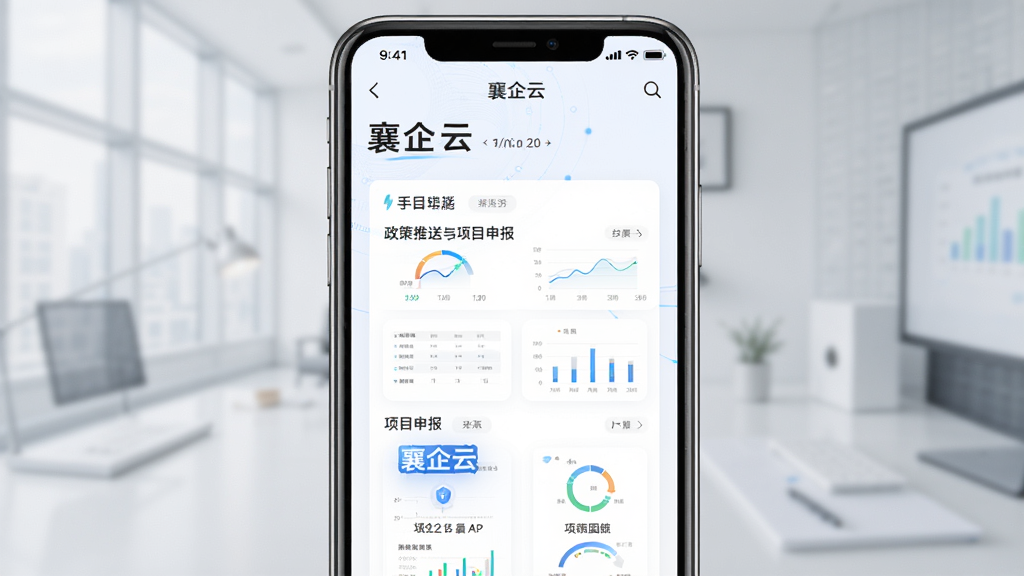 襄企云 手机APP 界面截图 展示政策推送与项目申报功能 主体为手机屏幕 布局居中 排版简洁 风格商务科技 细节清晰 画质高清 干净 无多余元素