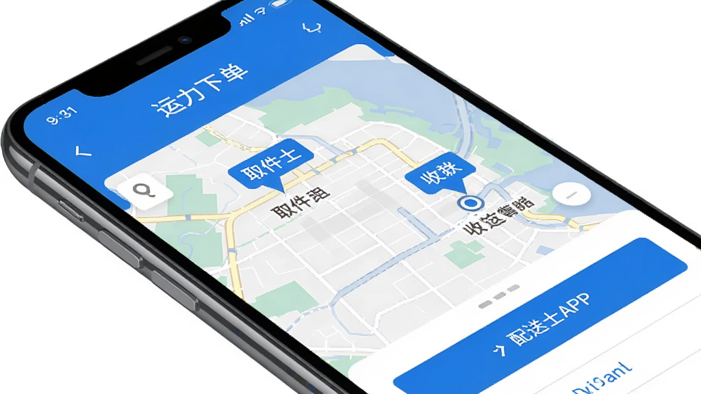 运力士APP首页界面展示,手机屏幕中显示配送下单页面,地图上标注取件点和收件点,界面简洁清晰,蓝色主色调,干净无多余元素,高清画质