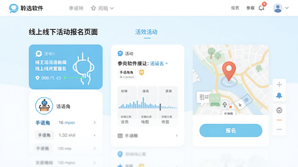 聆选软件中线上线下活动报名页面,主体为活动卡片与地图定位图标,布局为上下结构,风格清新浅色系,细节包含手语角标识与报名按钮,画质干净整洁