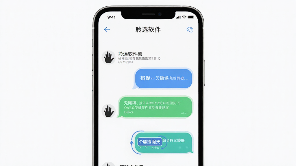 聆选软件界面中展示无障碍即时通讯功能,主体为手机屏幕与聊天气泡,布局采用居中对称排版,风格为现代简约科技感,细节包含手语图标与文字转换箭头,画质清晰干净无多余元素