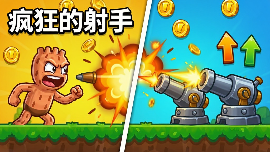 疯狂的射手游戏宣传图,主体为卡通橡皮人敌人和防御炮台对峙场景,布局为左右分割构图,排版为海报风格,风格为明亮色彩卡通渲染,细节包括爆炸特效、金币飘落、升级箭头,画质清晰,干净,无多余元素