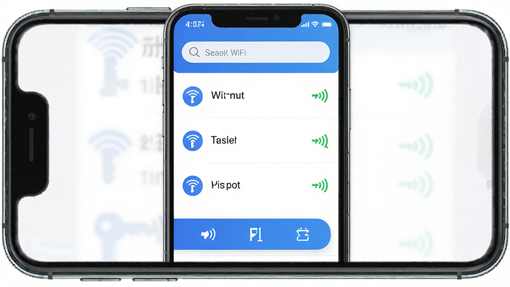 ��������WiFi����������չʾ������Ϊ�ֻ���Ļ������ʾWiFi�б�������Ϊ���½ṹ�����������ײ����ܰ�ť���Ű������������Ϊ�ִ��Ƽ��б�ƽ����ƣ�ϸ�ڰ�����Կ��ͼ����ź�ǿ�ȱ�ʶ�����ʸ���ɾ��޶���Ԫ��