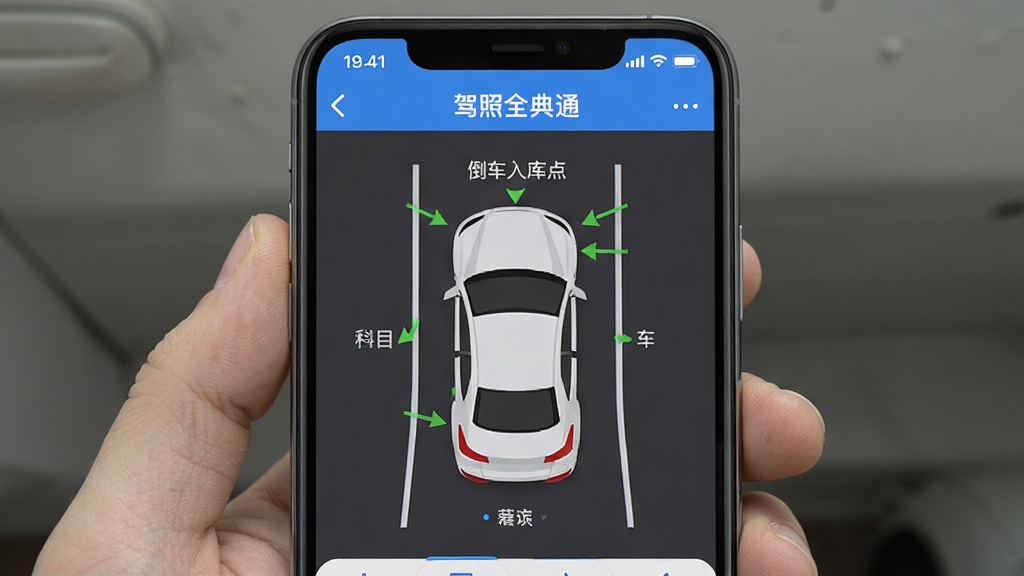 驾照全典通 科目二倒车入库点位图解界面 手机屏幕截图 俯视图标注 清晰简洁 UI 设计风格 高画质