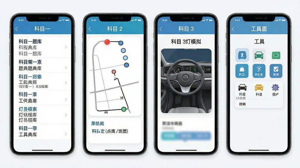 驾照全典通 手机界面展示 多页面排列 科目一题库 科目二点位图 科目三灯光模拟 工具页面 扁平化设计 干净背景 高画质