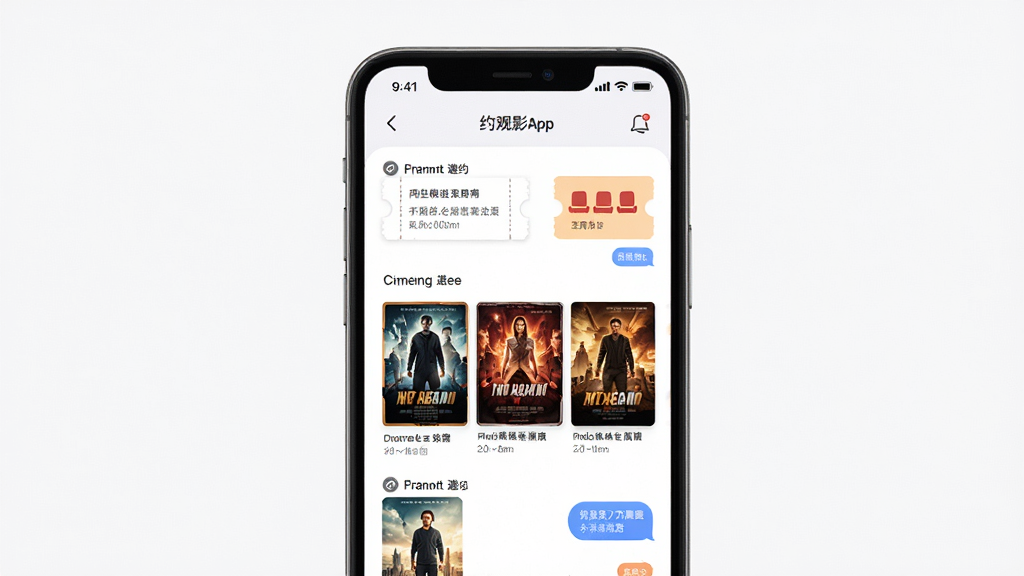 约影App界面展示,主体为手机屏幕中显示同城观影邀约列表与电影海报,布局为竖版手机界面居中,排版简洁清晰,风格为现代社交应用UI设计,细节包括电影票根元素、影院座位图标、聊天气泡,画质高清,干净,无多余元素