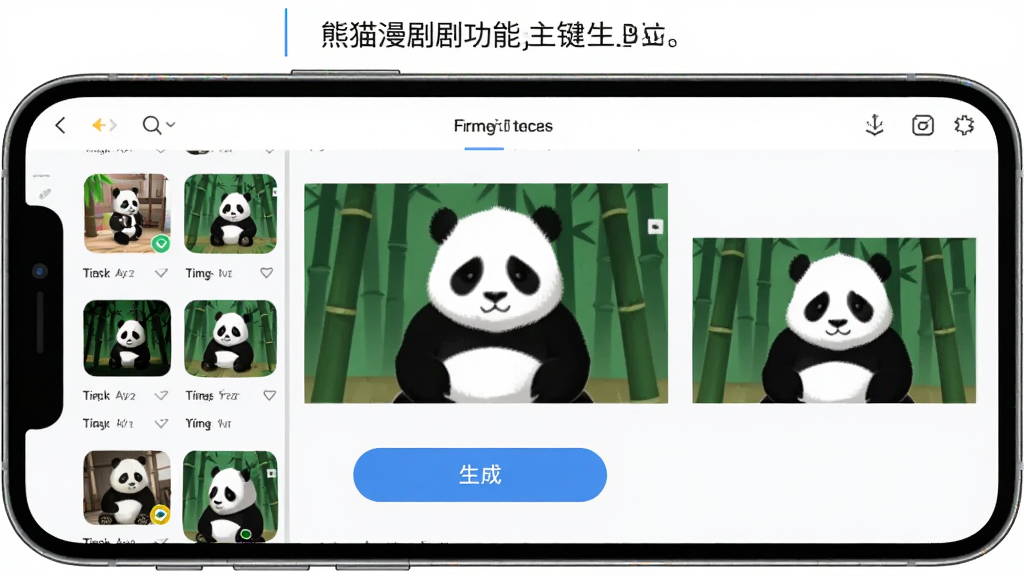 熊猫漫剧软件界面中展示一键生成漫剧功能,主体为手机屏幕显示漫剧编辑界面,布局采用居中构图,排版清晰简洁,风格为现代科技感,细节包含模板列表、生成按钮和预览窗口,画质高清,干净,无多余元素