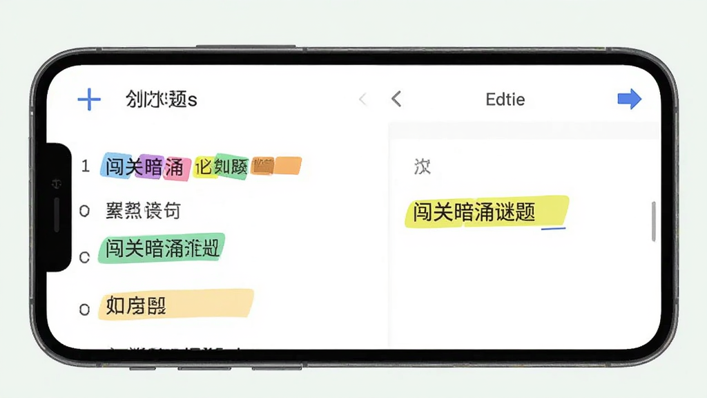 手机屏幕展示闯关暗涌谜题应用界面,主体为笔记列表和编辑页面,布局为上下结构,排版简洁清晰,风格为现代扁平化设计,细节包括加号按钮、标签色块、高亮文字,画质清晰,干净,无多余元素