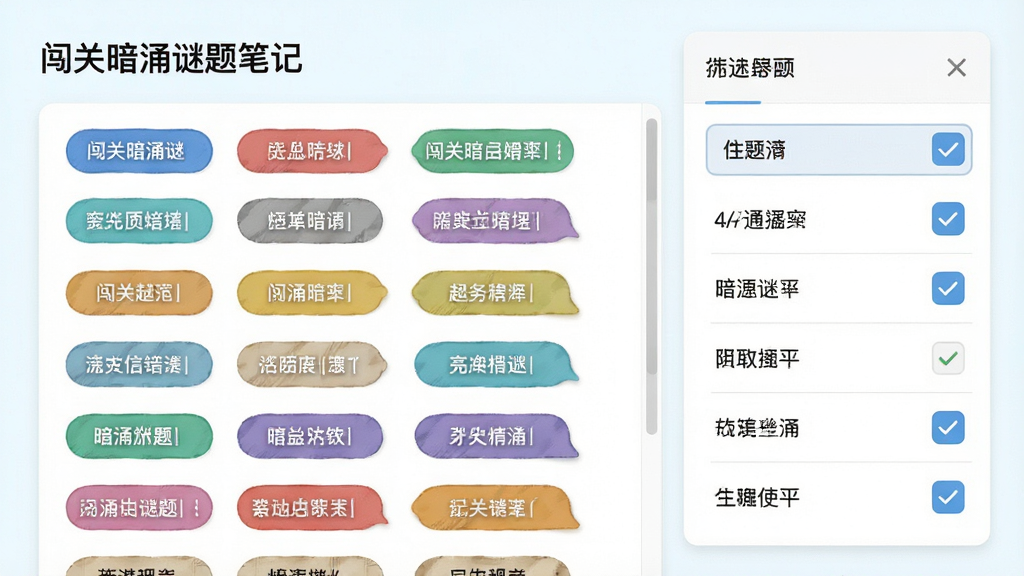 闯关暗涌谜题笔记标签管理界面,主体为彩色标签列表和筛选面板,布局为左右分栏,排版整齐,风格为清新浅色系,细节包括不同颜色的标签胶囊、勾选状态,画质清晰,干净,无多余元素