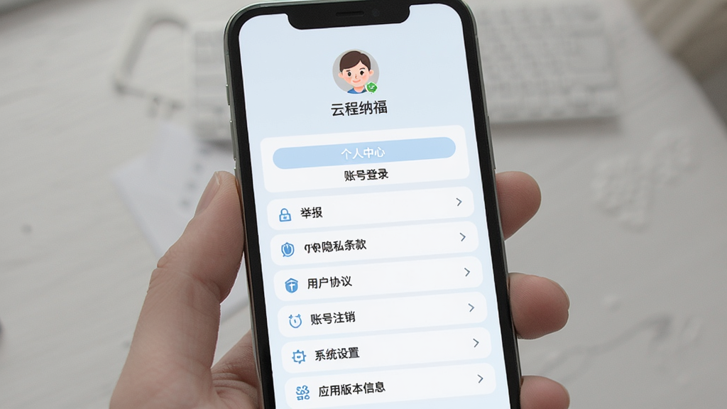 �Ƴ��ɸ�Ӧ�ø�������ҳ�棬����Ϊ�ֻ���Ļչʾ�˺���Ϣ�빦�ܲ˵�������Ϊ�Ϸ�ͷ���ǳ��·������б����Ű��η��������Ϊ��ˬǳɫ�磬ϸ�ڰ�����¼��ڡ��ٱ�����˽����û�Э�顢�˺�ע����ϵͳ������Ӧ�ð汾��Ϣ�����ʸ���ɾ��޶���Ԫ��